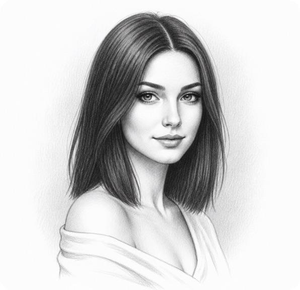 Pencil sketch of a woman with straight dark hair