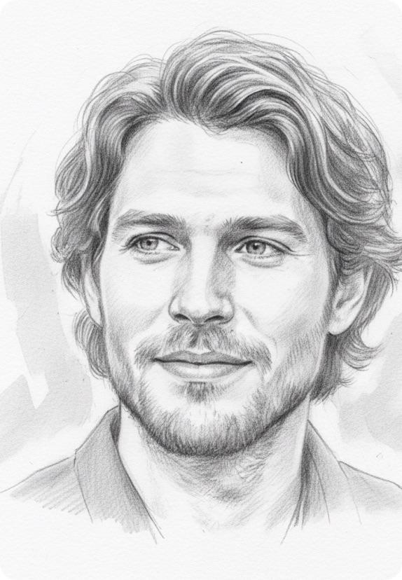 Pencil sketch of a man with wavy hair