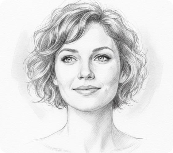 Pencil sketch of a woman with short curly hair