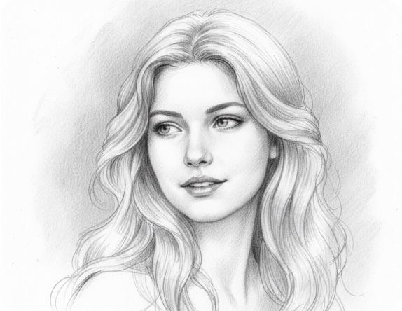 Pencil sketch of a woman with long wavy hair