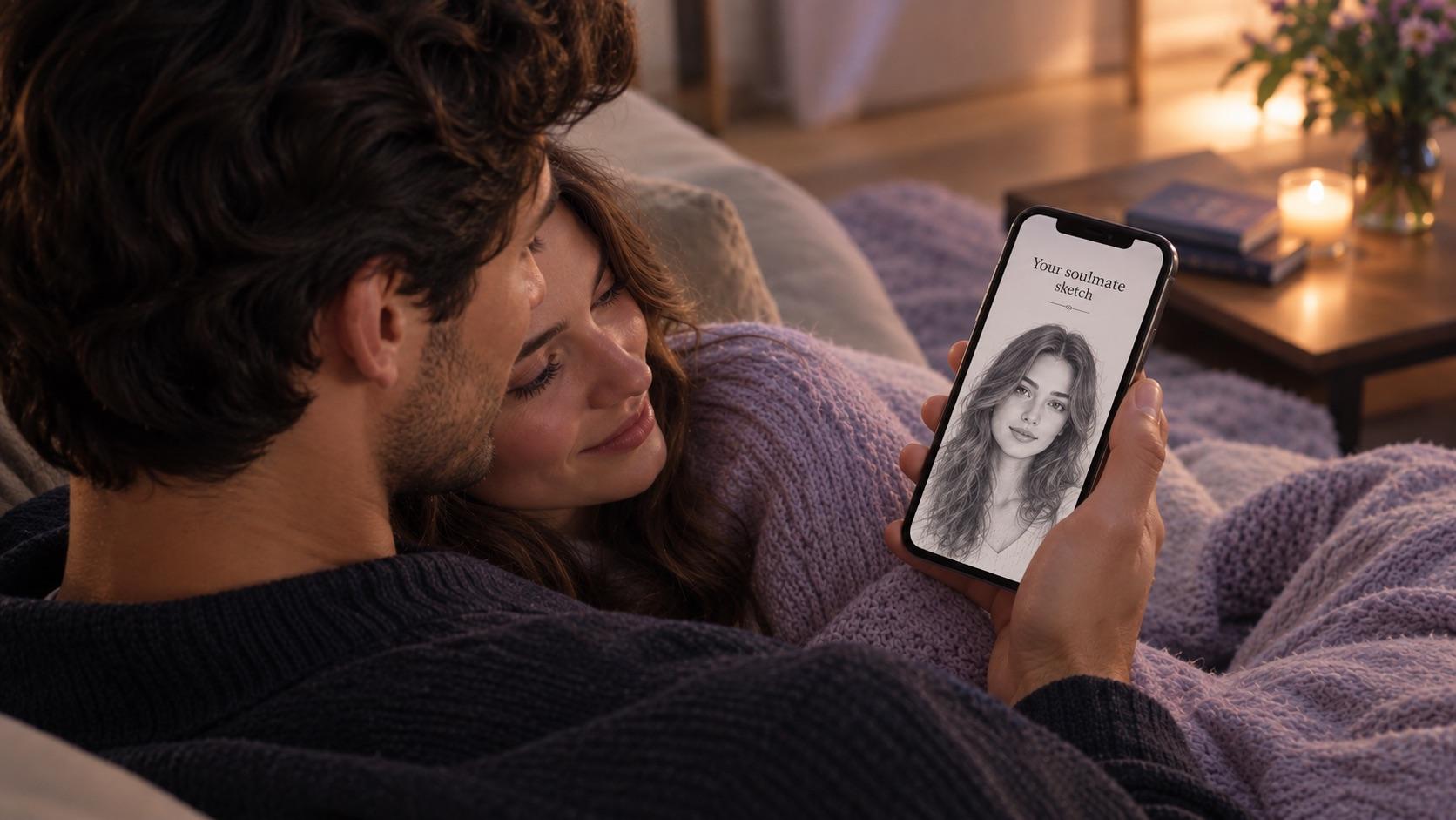 A couple looking at a pencil sketch on a phone