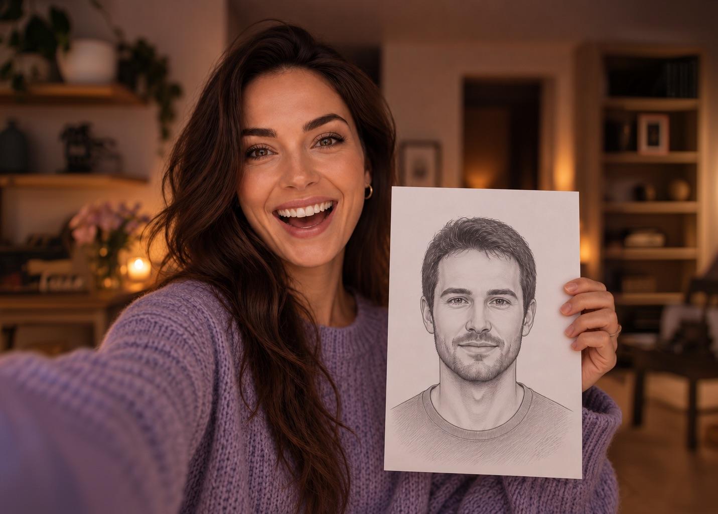 A woman holding a pencil sketch of a man